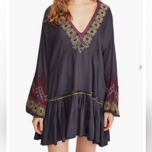 FREE PEOPLE WILD ONE V NECK BLACK EMBROIDERED MINI DRESS, COVER UP, TUNIC BOHO